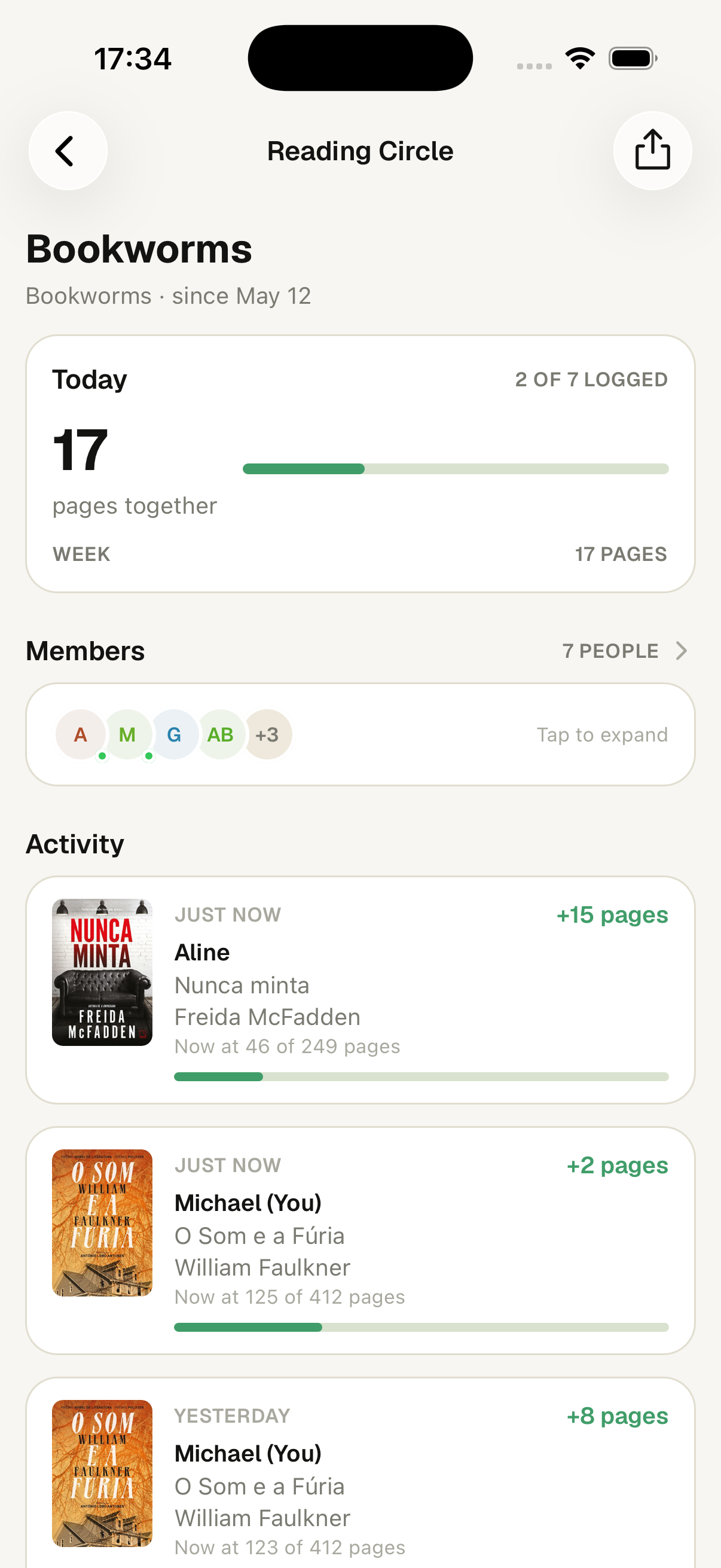 ReadCircle app — Reading Circle screen with friends' reading updates